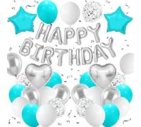 Teal Blue Silver Balloons, Happy Birthday Banner & Confetti for Men, Women, Boys, Girls & Baby Showers