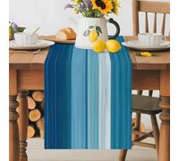 Teal Blue Table Runner 13x90 Inches Long Gradient Stripe Abstract Lines Texture Modern Cotton Linen Table Runner Burlap Style for Dinner Table Party Decor Tabletop Decorations