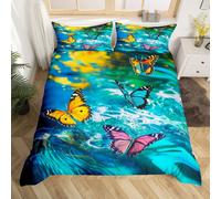 (Teal Blue Yellow, Super King(No Comforter)) Homewish Pink Monkey Bedding Set Double,Jungle Animals Monkey Duvet Cover Cute Leaves Banana Comforter Cover Wildlife Natural Bed Cover for Kids Boys