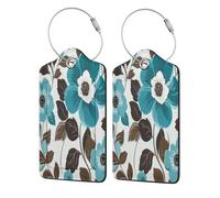 Teal Brown Floral Pattern Flowers Leaves Luggage Tag for Suitcase 2 Pack Leather Luggage Tag with Privacy Flap Name Id Label and Metal Loop for Women Men Travel