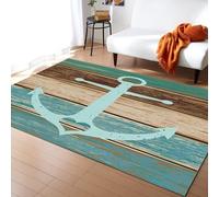 Teal Brown Wood Area Rugs, Farmhouse Beach Nautical Anchor Ocean Coastal Large Rug, Indoor Non-Slip Kids Rugs, Machine Washable Breathable Durable Carpet for Front Entrance Floor Decor,60 x 110 cm