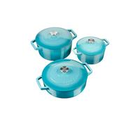 Cooks Professional Set of 3 Cast Iron Casserole Dishes with Lids - 20, 26 & 28cm Diameter in Teal Cooks Professional Teal