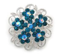 Teal Crystal Filigree Floral Brooch In Rhodium Plating - 43mm Diameter