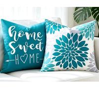 Teal Cushion Covers 45cm x 45cm, 2 pack Teal and Grey Dahlia Farmhouse Cushions Cover, Geometric Floral Patterned Pillow Covers, Modern Elegant Decorative Pillowcase for Sofa Couch Furniture Decor