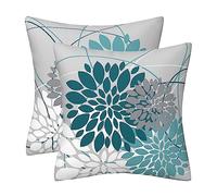 Teal Dahlia Pillow Cover 18x18 Inch Spring Summer Blue Throw Pillow Covers Gray Turquoise Geometric Floral Line Cushion Case Farmhouse Outdoor Home Decor for Sofa Bed Living Room, Set of 2