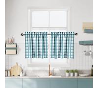Teal Dark Blue Buffalo Plaid Cafe Curtains Farmhouse Tiers Kitchen Curtains 24 Inches Long, Gingham Check Rod Pocket Half Window Short Curtains for Kitchen Bathroom, 28" x 24", Teal/White, Set of 2