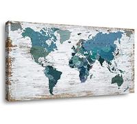Teal Decor World Map Canvas Wall Art Pictures for Living Room Wall Decoration Blue Wall Decor Office World Map Wall Art Picture Framed Artwork for Home Bedroom Decoration 29"x58"