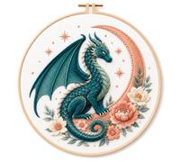 Teal Dragon Embroidery Kit for Adult Beginners, Coral Moon, 20cm Hoop | Pre-printed floral artwork, colour-sorted threads and essential tools support an enjoyable first stitching project.