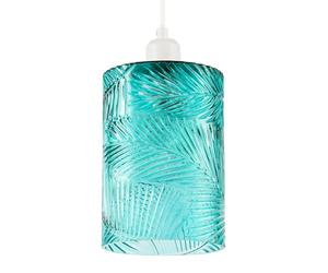 Teal Embossed Cylinder Glass Pendant Light Shade with Intricate Pressed Leaf Pattern | 20cm x 14cm | Mix of Art Deco Tropical and Contemporary by Happy Homewares