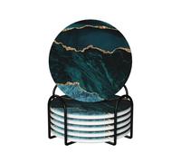 Teal Emerald Marble L And Scapes,Round Ceramic Coasters, Mugs Pad, Cups Mat Set of 6 Drinks Coasters With Holder