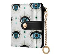 Teal Eyes White Pattern Small Women Wallet Leather RFID Blocking Bifold Compact Card Holder with Zipper Coin Pocket Purse for Ladies Girls Women