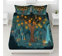Teal Fade Resistant Fitted Sheet Big Tree Lantern Underground Cave Rock No Pilling Fitted Sheet Fantasy Illustration Breathable Bedding Soft for Girls Boy, 180 x 200 x 30, Dreamy Magical Imaginative