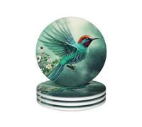 Teal Fantasy Bird Print Coasters for Drinks Set of 4 Absorbent Ceramic Coasters with Cork Backing Cup Mat for Table Protection Dining Room Decor