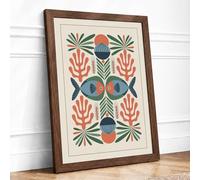 Teal Fish Symmetry Art Deco Framed Wall Art Print A1 (84.1×59.4cm) Walnut, Wall Decor for Living Room, Bedroom, Office & Home, Ready to Hang, Art Gift