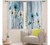 Teal Floral Curtain 42W X 63L Inch 2 Panels Rod Pocket Turquoise Aqua Flower Wooden Daisy Rustic Country Retro Teal and White Leaves Butterfly Vintage Window Drapes Treatment Living Room Bedroom Decor