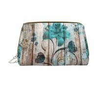 Teal Flower On Wooden Plank Leather Handheld Zipper Makeup Bag Organizer Wallet Large Capacity Travel Makeup Bag Toiletries