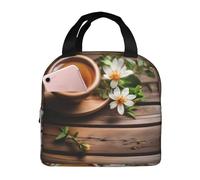 Teal Flower On Wooden Plank Lunch Bag Handheld Bento Bag Picnic Miscellaneous Shopping Bag