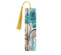 Teal Flower On Wooden Plank Print 5pcs Wooden Bookmarks with Tassels, Reading Page Markers Book Marks, Gifts for Men Women