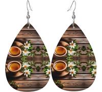 Teal Flower on Wooden Plank Print Leaf Shape Drop Earrings Heart-Shaped PU Leather Earrings For Valentine Day