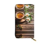 Teal Flower on Wooden Plank Print Leather Long Clutch Wallet – Fashionable Personalized Wallet, Multiple Card Slots, Gift Ready, Black, One Size