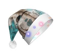Teal Flower On Wooden Plank Print Santa Hat With Led Lights, Funny Christmas Hats For Adults For New Year Holiday Party Supplies