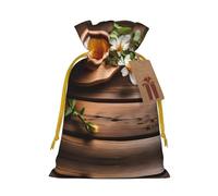 Teal Flower On Wooden Plank Print Stylish Drawstring Pouches,Reusable Drawstring Gift Bags,Perfect For Holiday And Party