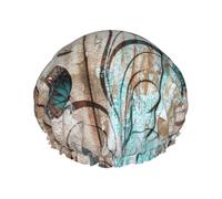 Teal Flower on Wooden Plank Printed Reusable Shower Hats, Double Layer Headgear For Spa And Salon, Large Hair Wrap