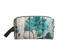 Teal Flower on Wooden Plank Water-Resistant Travel Toiletry Organizer Bag, Large Capacity Portable Cosmetic Storage for Gym/Daily Essentials