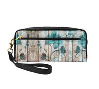 Teal Flower On Wooden Plank Women Cosmetic Bag Travel with Two Pockets for Daily Beauty Essentials Accessories Organizer