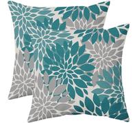 Teal Flower Pillow Covers 16x16 Set of 2 Grey Gray Dahlia Modern Geometry Floral Decorative Throw Pillows Outdoor Farmhouse Holiday Pillowcases Cushion Case Decor for Home Sofa Couch Bed