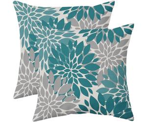 Teal Flower Pillow Covers 18x18 Set of 2 Grey Gray Dahlia Modern Geometry Floral Decorative Throw Pillows Outdoor Farmhouse Holiday Pillowcases Cushion Case Decor for Home Sofa Couch Bed