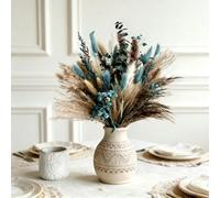 Teal Flowers Turquoise Dried Pampas Grass Decor 17” Fluffy Bouquet with Bunny Tails, Baby’s Breath & Eucalyptus, Boho Vase Filler for Rustic Farmhouse Table Centerpieces