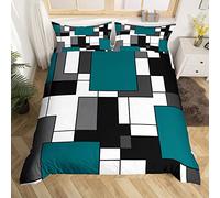 Teal Geometric Duvet Cover Set Super King Size, Black White Grey Square Comforter Cover with 2 Pillowcases, Modern Abstract Bedding Set 3pcs for Kids Boy Girls Room Decor Checkered Bedspread Cover