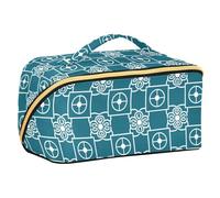 Teal Geometric Floral Travel Bag with dividers Waterproof Large Make Up Bag with Compartments & Handle