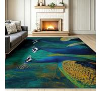 Teal Glamorous Nature Rug 140 x 200 cm Area Rugs Washable Living Room | Non-Slip Soft Low-Pile Carpet LightweightQuiet Luxury Exotic Peacock Rugs for Bedroom Dining Room Office