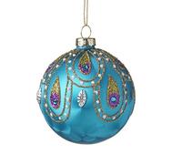 Teal Glass Bauble with Peacock Feather Design