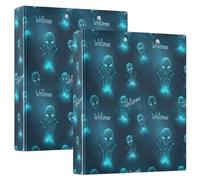Teal Glowing Aliens 3 Ring Binder, Flexible D Ring Binders with Pockets, 3 Ring Binders for School, College, Office (2 Pack)