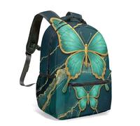 Teal Gold Butterfly Marble Backpack 16 Inch Elegant Luxury Art Deco Print Rucksack for Travel Commute Fashion Bag (01)