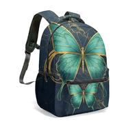 Teal Gold Butterfly Marble Backpack 16 Inch Elegant Luxury Art Deco Print Rucksack for Travel Commute Fashion Bag (03)