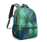 Teal Gold Butterfly Marble Backpack 16 Inch Elegant Luxury Art Deco Print Rucksack for Travel Commute Fashion Bag (02)