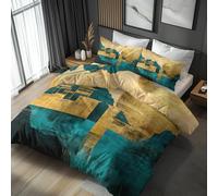 Teal Gold Geometric Duvet Cover Super King Size 3 Piece with 2 Pillowcases, Artistic Abstract Modern Patterned Bedroom Decor Bedding, Soft Microfibre Quilt Cover with Zip TD#162