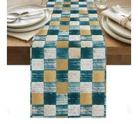 Teal Gold Mosaic Table Runner 13 x 48 Inch, Rustic Abstract Checkerboard Grids Washable Cotton Linen Dining Table Runner Tabletop Decorations for Restaurant Home Kitchen Party