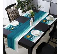 Teal Gradient Table Runner 90 Inch and Place Mats Set of 6 Watercolor Teal White Gradient Cotton Linen Table Mats Set, Heat Insulation Washable Placemats Set for Wedding, Indoor Outdoor Parties