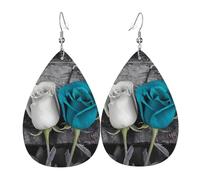 Teal Gray Rose Earrings for Women Teardrop Leather Earring Double Sided Drop Dangle Earrings Lightweight Women's Ear Accessories Jewelry Fashion Birthday Gift