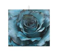 Teal Gray Rose Flower - Kitchen Drying Mats for Dishes Washable Absorbent Dish Draining Mat Heat Resistant Drying Pad for Countertop 16 x 18 in