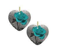 Teal Gray Rose Flower Multi-Scenario Printed Christmas Ceramic Heart-Shaped Decorative Pendant