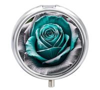 Teal Gray Rose Flower Pill Box 3 Compartment Small Pill Case for Purse Or Pocket Mini Metal Pillcase Medicine Organizer, Round Daily Medicine Container to Hold Vitamins, Fish Oil