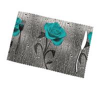 Teal Gray Rose Flower Placesmats Set of 6, Vintage Placemats, Halloween, Christmas, Thanksgiving Table Runner for Table Decoration 12inx18in