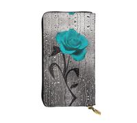 Teal Gray Rose Flower Print Leather Long Clutch Wallet for Women – Fashionable with Multiple Card Slots, Coin Pocket