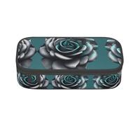Teal Gray Rose Flower Print Pencil Case,Large Capacity Pencil Case,Multi-Purpose Makeup Pouch with Zipper